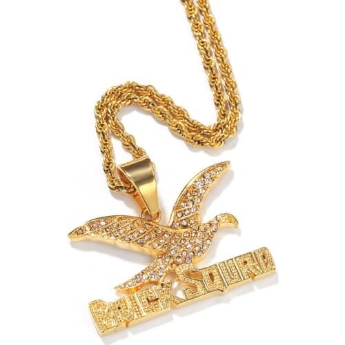 Hip Hop Mens Gold color Stainless Steel Eagle Pendant Ice Out Cuban Crystal Miami Neckalce Chain For Men