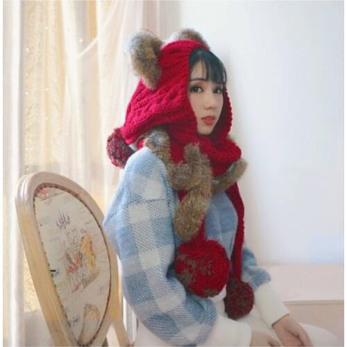 Handmade Thickened Wool Hat Sweet Cat Ears Big Fur Ball Scarf Hat Cape Keep Warm