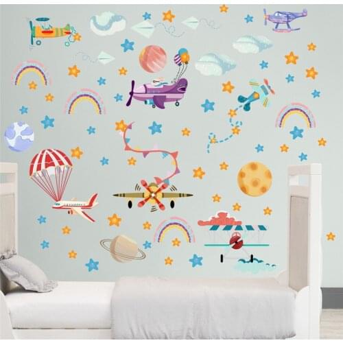 New Cartoon Airplane Balloon Rainbow Self-Adhesive Wall Stickers Living Room Bedroom Kindergarten Decoration Stickers