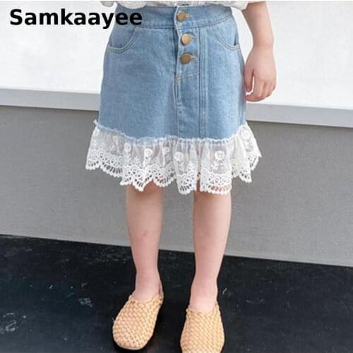 2-9y Mini Skirt Baby Girls Summer Kids Denim Lace Patchwork Skirts Fish Tail Ruffled Princess Skirt Buttons Children Clothing 26