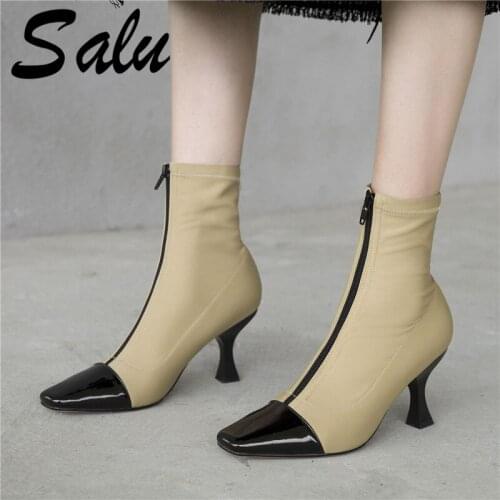 Salu Top Quality Booys Women Ankle Boots High Heels Square Toe Genuine Leather Ladies Shoes Woman Warm Autumn Short Basic