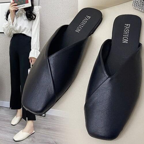 Shoes Cover Toe Low Slippers Flat Slides Mules For Women 2021 Big Size Loafers Square PU Rome Hoof Heels Basic Fabric Flat Shoes