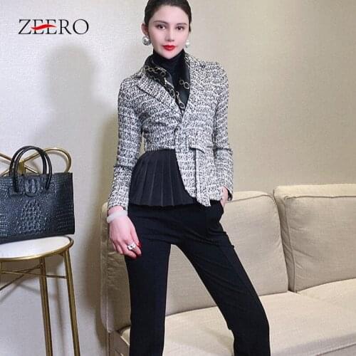 2020 New Winter Korean Women Clothing Black Lapel Plaid Tops Female Fashion Vintage Slim Splicing Pleated Sashes Blazer Coat