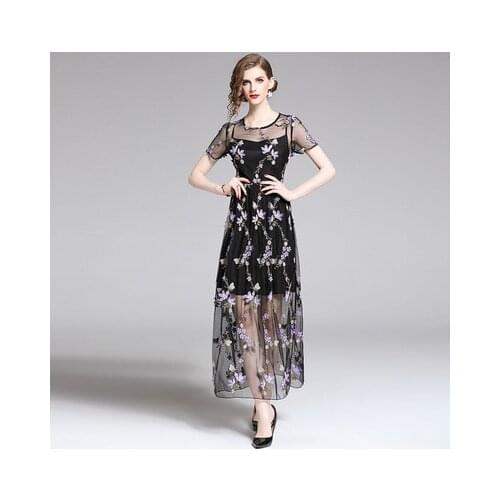 Summer Womens Vintage French Style Floral Embroidered Maxi Dress High Waist A-Line Elegant Mesh Patchwork Dresses 2021