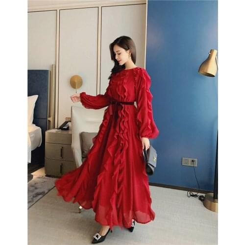2021 New Vintage Wine Red Ruffles Dress Women Long Sleeve High Waist Belt Bow Ruched Runway Female Elegant Party Dress Vestidos