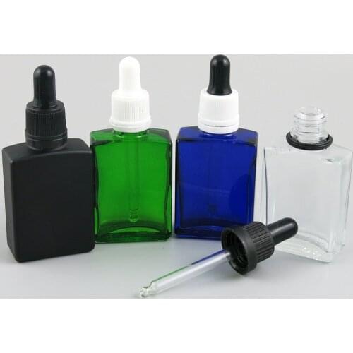 200 x 30ml Square Flat 1oz white Black Clear Blue Glass E liquid Container With Tamper Evident dropper bottle