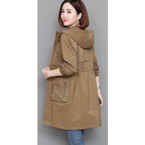 2021 Spring Autumn Hooded Womens Trench Coat Tooling Clothing Plus Size Loose Ladies Long Overcoat Casual Female Windbreaker