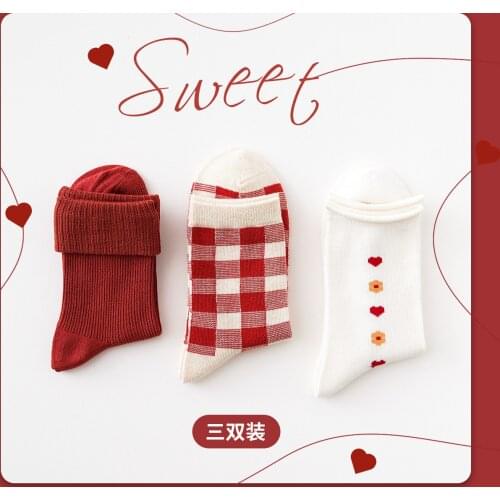 3 Pairs/lot Caramella New Style for Autumn Winter Womens Socks Japanese Cartoon Cotton Socks Red Floral Plaid Socks