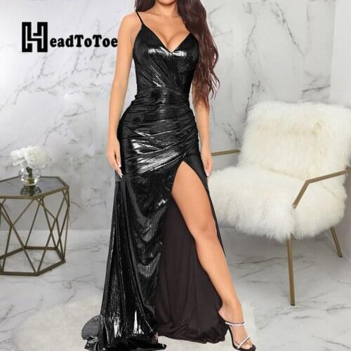 Glitter Sexy Spaghetti Strap V Neck Slit Maxi Dress Women Backless Party Dress