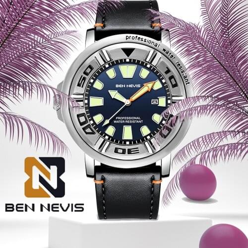 Mens Quartz Watches Top Brand BENNEVIS 2021 New Luxury Wristwatches Mens Fashion Leather Wristband Waterproof Luminous Watches
