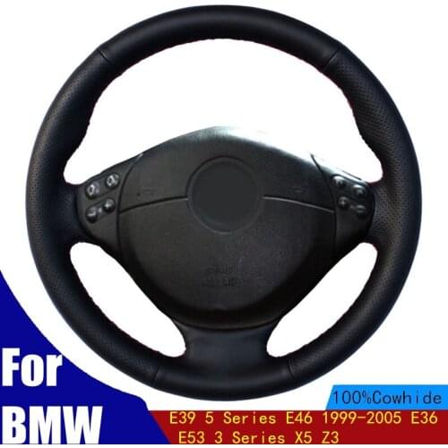 Hand-stitched Car Steering Wheel Cover Black PU Genuine Leather For BMW E39 5 Series E46 1999-2005 E36 E53 3 Series X5 Z3