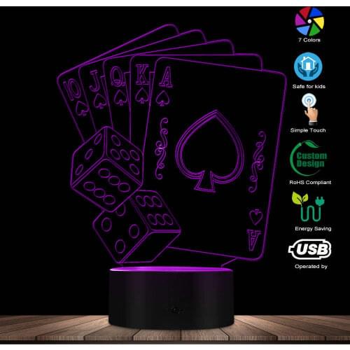 Casino Colorful Poker Shape Dice Light Kids 3D Optical Illusion Table Light Bedroom Decoration Color Changing Novelty Night Lamp