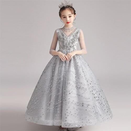 Children Girls Luxury 3~12T Sequined Design Long Sleeves Birthday Evening Party Princess Dress Kids Teens Elegant Piano Dresses
