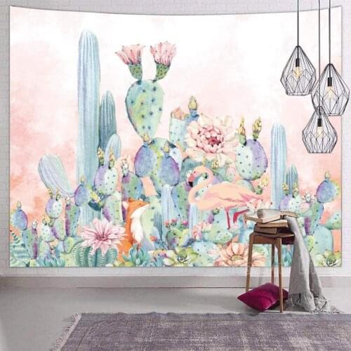 Hexagram Tropical Green Wall Tapestry For Bedroom Trippy Pink Flamingo Cactus Colorful Mandala Winter Wall Decor