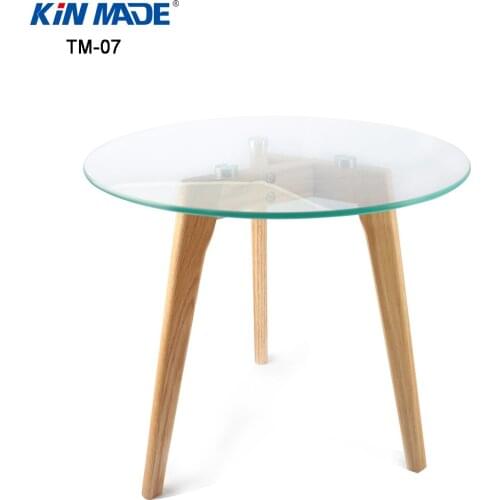 Kinmade Round Coffee Table Solid Wood Oak Legs Tempered Glass Top End Table Tea Table Living Room Furniture