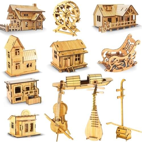 Laser Cutting 3D Wooden Bamboo Puzzle Ship Ferris wheel DIY Model Assembly Wood Craft Kits Desk Decoration for Christmas Gift