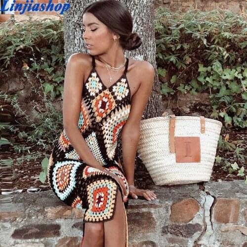 Summer Holiday Handmade Contrast color Plaid Midi Dress Crochet Sling Dress Women V neck Backless Spaghetti Strap Robe Femme