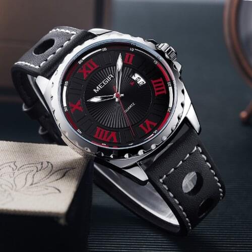 MEGIR Creative Fashion Quartz Sport Watch Men Black PU Strap Wristwatch Clock Hour Army Military Wrist Watches Relogio Masculino