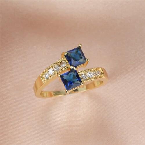 Cute Female Blue Crystal Stone Ring 14KT Yellow Gold Color Wedding Rings For Women Luxury Bride Square Zircon Engagement Ring