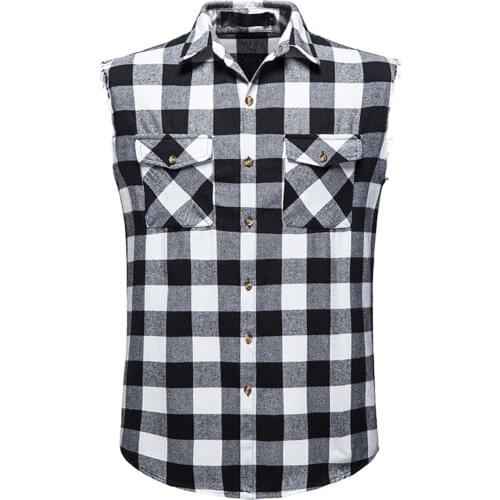 Mens Casual Flannel Plaid Shirt Sleeveless Double Pocket Cowboy Button Down Shirts Men Cotton Plus Size Vest Checkered Top 2xl