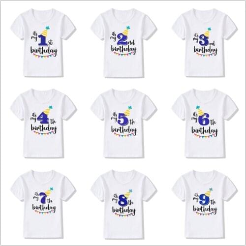 New Kids Boys Girls Summer Birthday T-shirts Short Sleeved T Shirt Size 1 2 3 4 5 6 7 8 9 Year Children Party Clothing Tees Tops