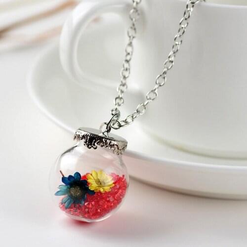 Original Drifting Bottle Lively Pendent Round Glass Necklace Creative Natural Drift Sand Women Dry Flower Necklace Girls Gift