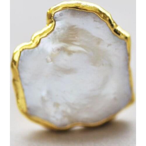 P7205 Handmade 21mm White Baroque lamina KESHI pearl Inlay Gilding Ring