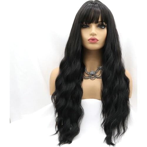 Cheap Long Black Full Machine Made Wig With Bangs Cosplay Long Curly Water Natural Wave Glueless Wigs For Women Pre Plucked Hair