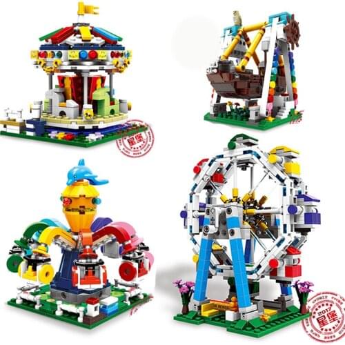 Amusement Park Carousel Ferris Wheel Big Pendulum Color City Series Building Blocks Children Kids Toy Brick Craft Set