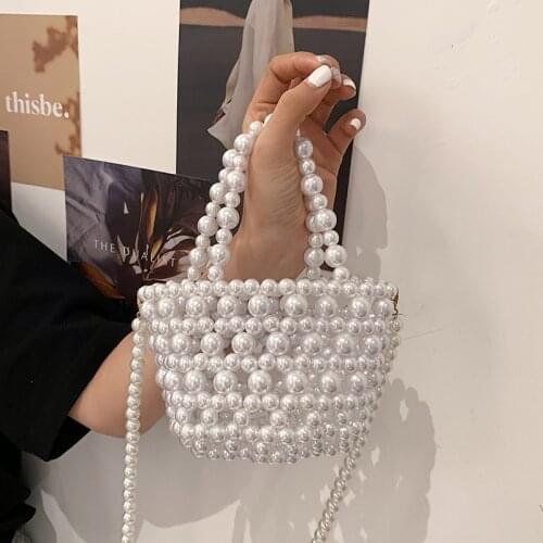 Pearl Small Bag Female Summer Pearl Woven Female Bag Messenger Bag Fashion Portable Shoulder Bag White Wedding Decoration Bag