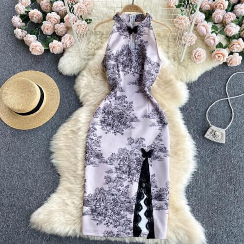 Retro Improved Cheongsam Summer 2021 New Vestidos Female Stand-up Collar Sexy Print Strapless Halter Midi Dress DK834