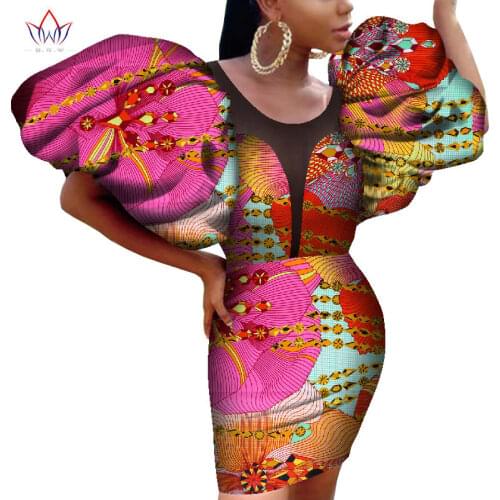 African Summer Pencil Mini Dress for Women BINTAREALWAX Big Puff Sleeve Above-knee Length Sexy Women Cotton Dress Ankara WY8585