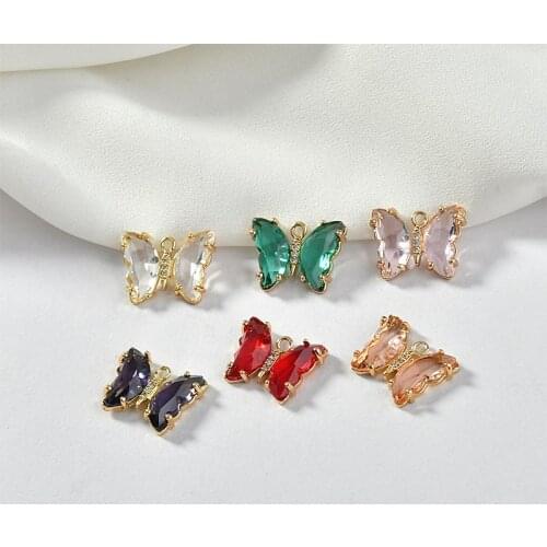 Maintains Color Copper Plated Crystal Zircon Single Hanger Butterfly Pendant DIY Earrings Necklace Bracelet Hairpin 2pcs