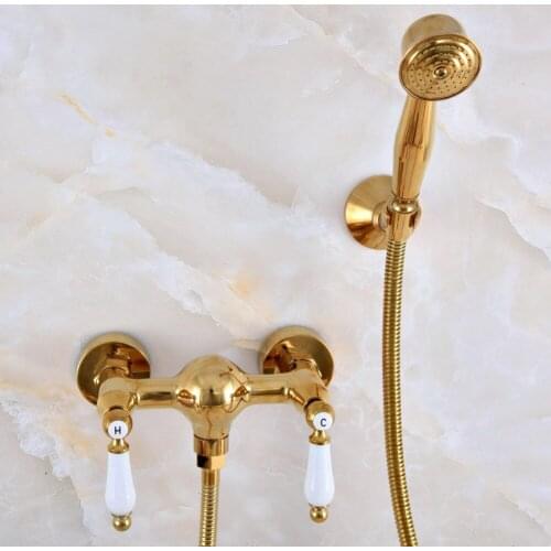 Luxury Polished Gold Color Brass Wall Mounted Bathtub Faucet with Handheld Shower Set +1500MM Hose Mixer Tap 2na977
