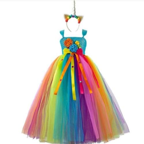 Christmas Girls Princess Dress Up Party Dresses Unicorn Costume With Beadband New Year Tutu Mesh Birthday Party Dresses