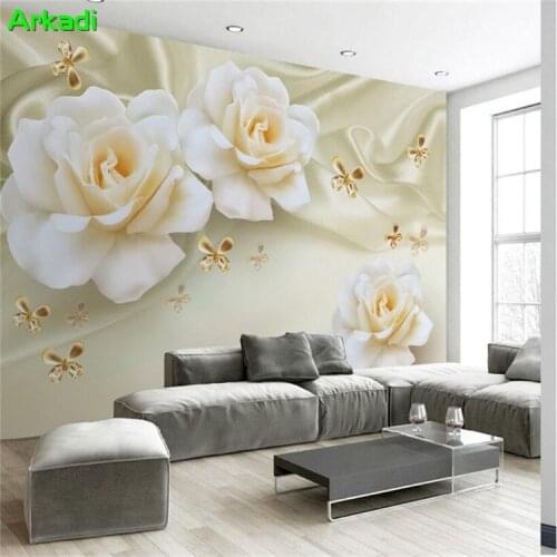 3D TV background wall modern minimalist roses butterfly silk wallpaper wallpaper living room European luxury embossed wallpaper
