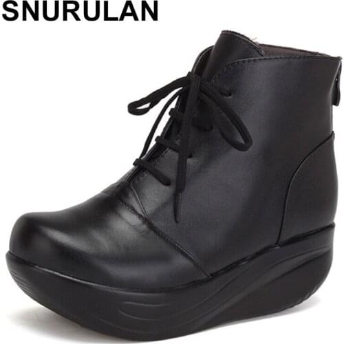 SNURULAN Solid Black Women Boots Lace Up Genuine Leather Winter Boots Warm Wedges Platform Swing Shoes Big Size Short Shoes