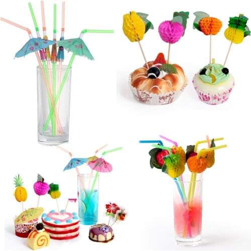 Pineapple Cupcake Topper Fruit Toothpick Umbrella Straws for Hawaii Theme Beach Party Decoration Wedding Birthday Cake Topper