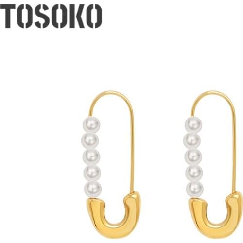TOSOKO Stainless Steel Jewelry Paper Clip Imitation Pearl Earrings Womens Winter Elegant Earrings BSF359