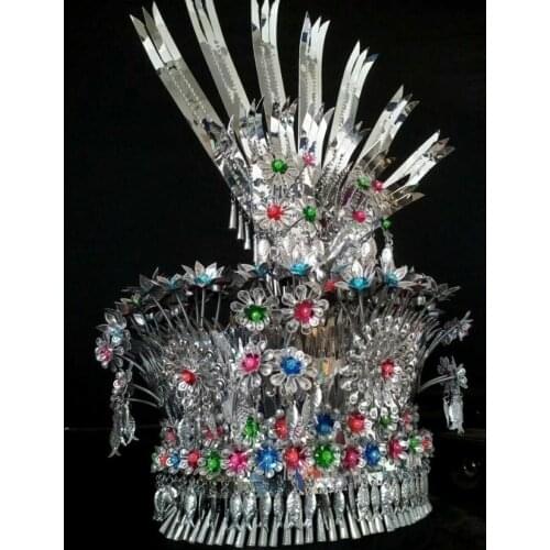 Traditional Chinese headgear cosplay party headdress Miao hats Colourful silver headgear hat