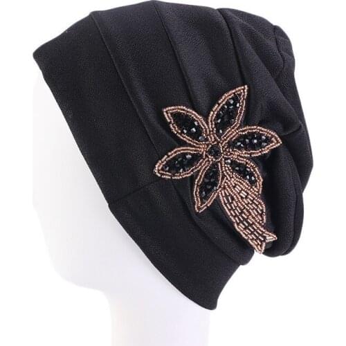 Fashion Ethnic Style Ladies Baotou Caps Muslim Beaded Flower Headscarves Hats Hair Loss Caps India Beanies Chemotherapy Caps