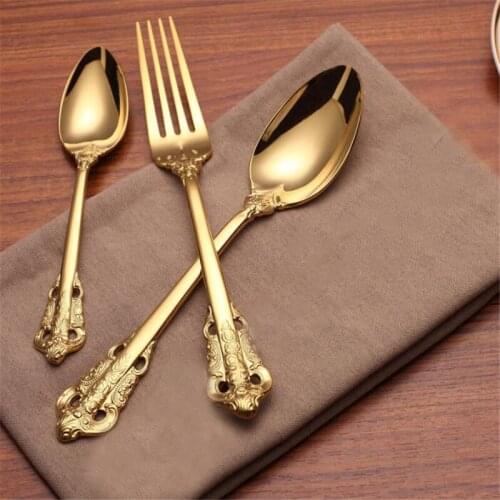Retro Vintage Embossed Carve Gold Tableware Set Long Handle Spoons & Forks Ice Cream Tea Coffee Spoon Home Tableware