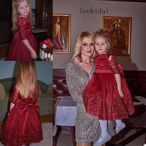 Vintage Wine Red Lace Girls Christmas Dresses Girls Red Fist Communion Dresses Bow Back Vintage Lace Girls Celebrity Dress