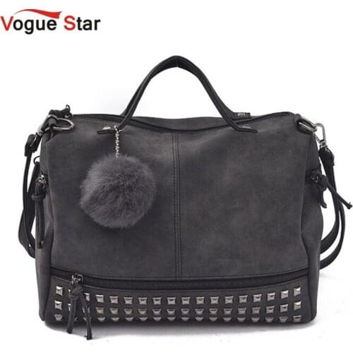 Vintage Nubuck Leather Female Top-handle Bags Rivet Larger Women Bags Hair Ball Shoulder Bag Motorcycle Messenger Bag LB447