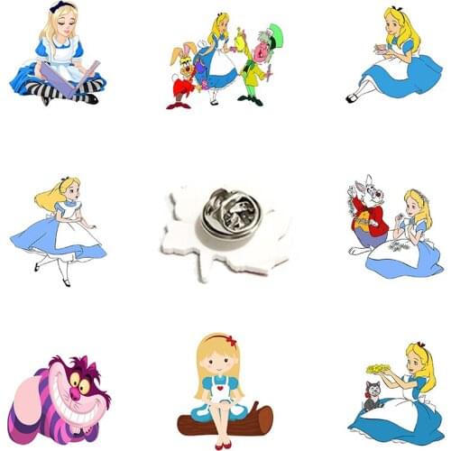 Disney Alice Reading And Drinking Tea Style Acrylic Lapel Pin Alice In Wonderland Epoxy Brooch Ladies Fashion Jewelry