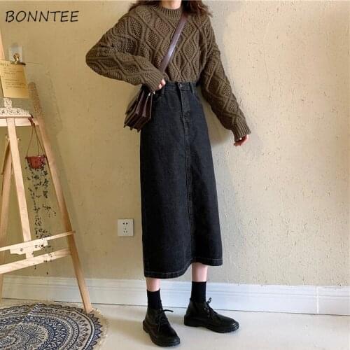 Denim Skirts Women Plus Size S-4XL Elegant All-match Mujer Faldas Korean Style Vintage Decoration Empire Slim Chic Streetwear