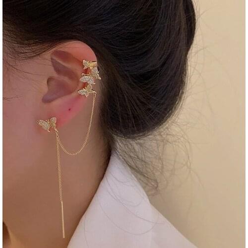 Korean Fashion Elegant Chain Butterflies Metal Zircon Ear Clip For Women Girls Butterfly earring Trendy Party Feasts Jewelry