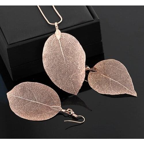 Fashion natural true leaf pendant jewelry set simple necklace earring for woman Girls sweater chain Ear rings Wedding Party Girl