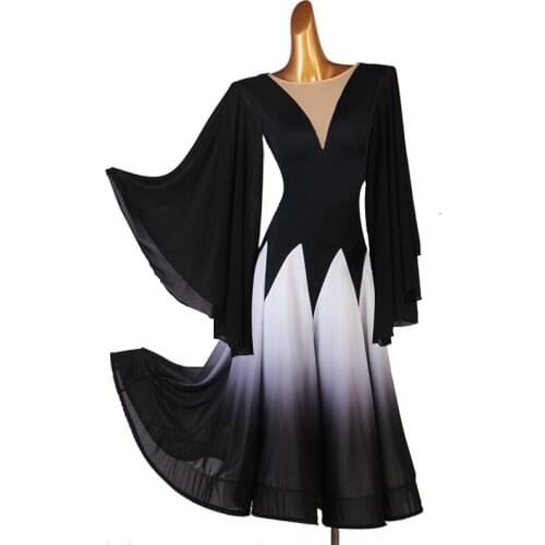 Female Adult Modern Ballroom Dance Competition Dress Big Sleeve Black White Fairy Waltz National Standard Dance Costumes DQL5557