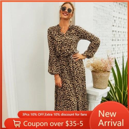 New Spring Summer Dress Office Lady Long Sleeved Leopard Print V-neck Medium Length Woman Dress